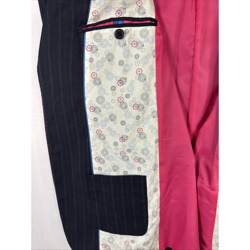 American Chang XL Pinstripe Wool Blazer Great Wall Graphic Pink Stitch Lining - Picture 3 of 7
